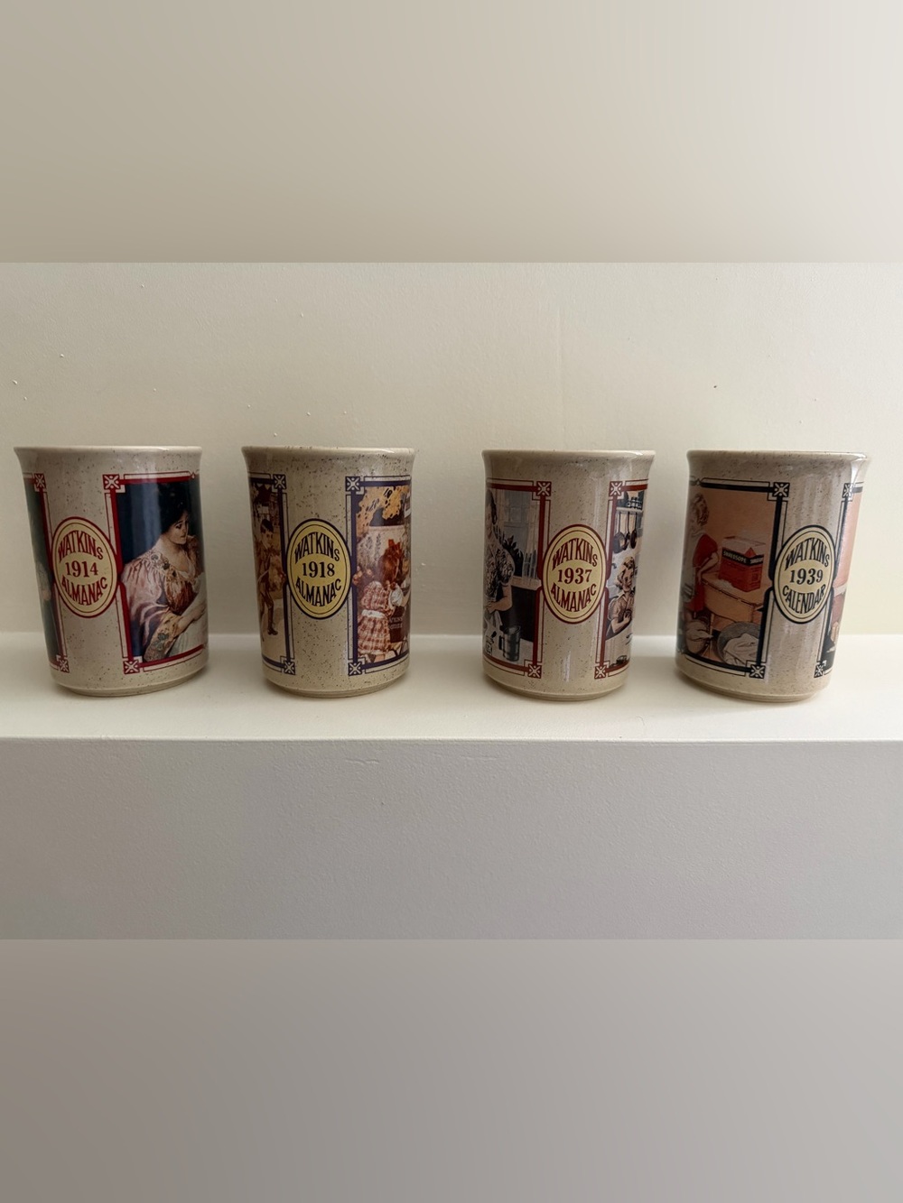 Beige Ceramic Watkins Mug Set with Retro Illustration Panels - Set of 4 - Picture 4 of 9